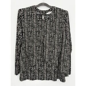 Susan Graver Black Cream Blouse Geometric Tiered Business Casual Long Sleeve